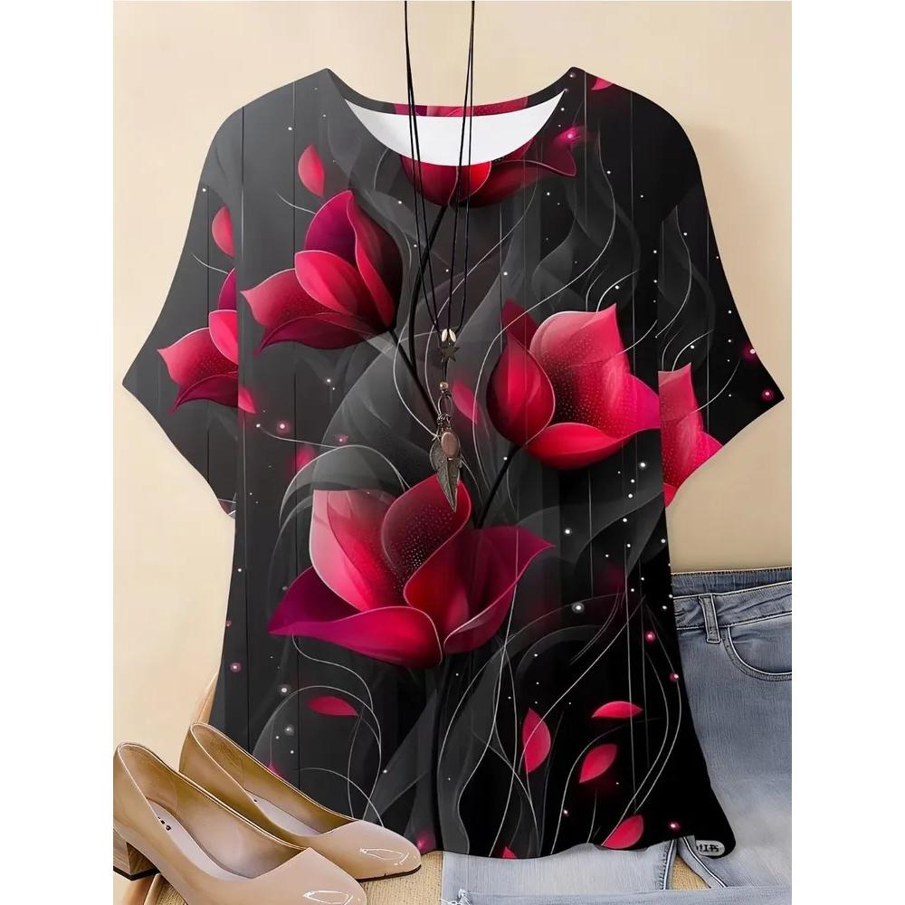 Casual Comfort Women's Top Fashion Versatile Flower Print Short Sleeve Daily Breathable T-Shirts Women’s