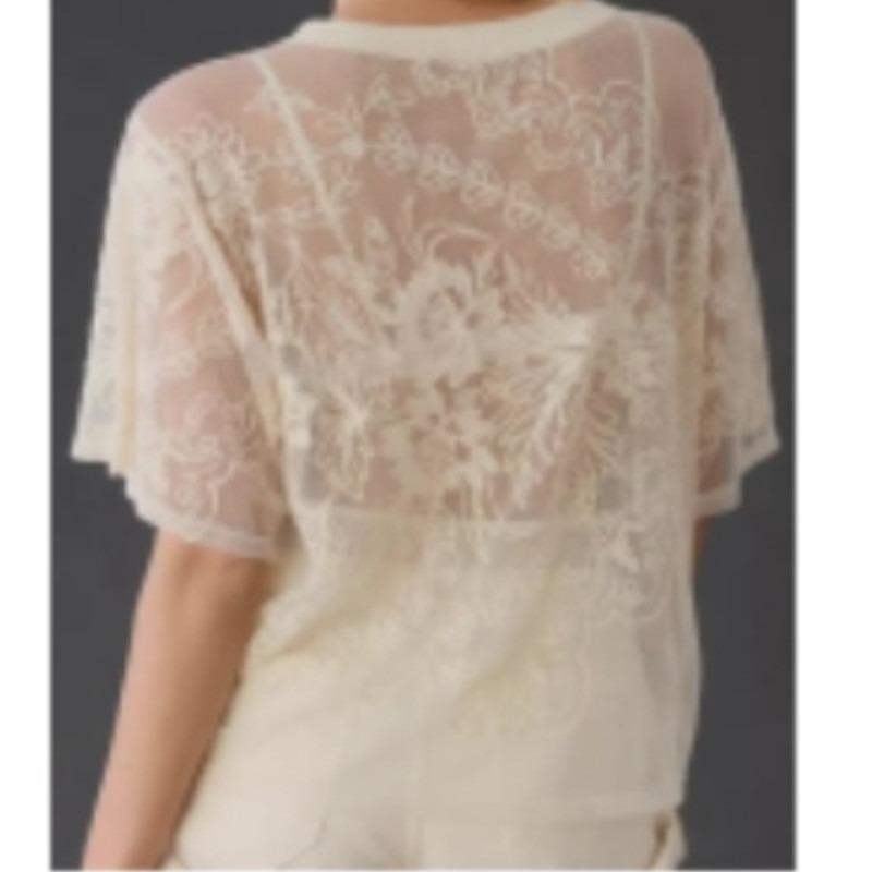 The New Summer Style Mesh Fabric Is Positioned As A Sexy Short-sleeved Top with Embroidered Lace