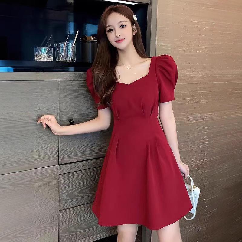 French Red Backless Puff Sleeve Dress with Square Neck and Waist-Hugging Design for Women 2025