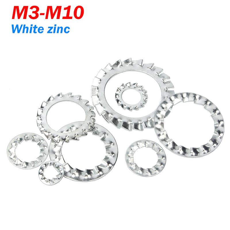 

External Toothed Serrated Washer 20-100PCS M3 M4 M5 M6 M8 M10 White Zinc Carbon Steel Lock Gasket M3-100pcs