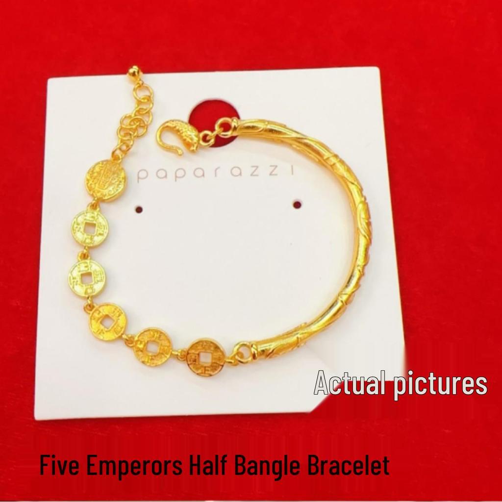 Gold Emperor Half Bangle Bracelet - Women's Auspicious Five Paths Wealth Charm