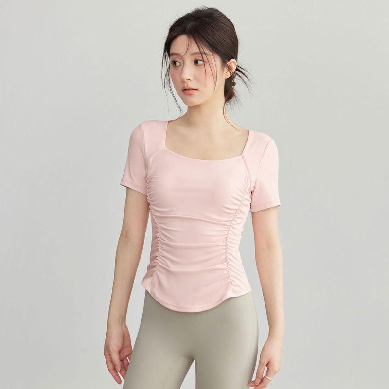 

Летняя одежда для йоги с коротким рукавом, плиссировкой, прикрывающая живот, облегающая талию, наряд для пилатеса, фитнеса, бега, женский, однотонный Sakura Powder S [recommend weight below 50.00kg]]