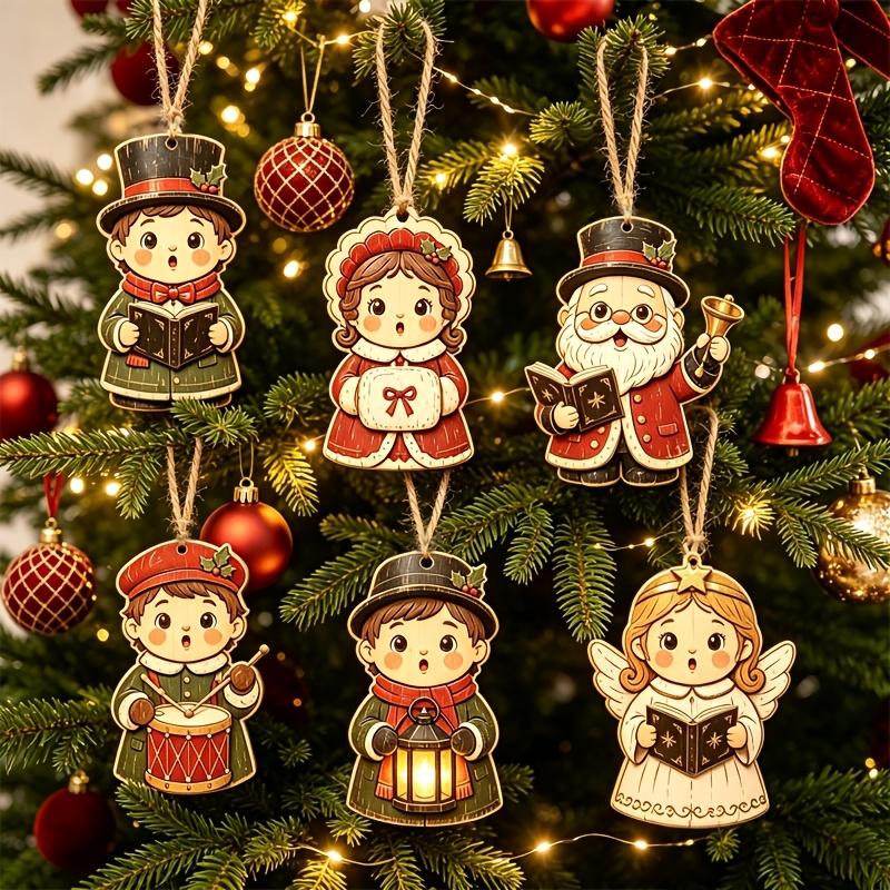 6Pcs Christmas Wooden Ornaments Santa Claus Snowman Reindeer Hanging Decorations for Christmas Tree Holiday Home Party Decor