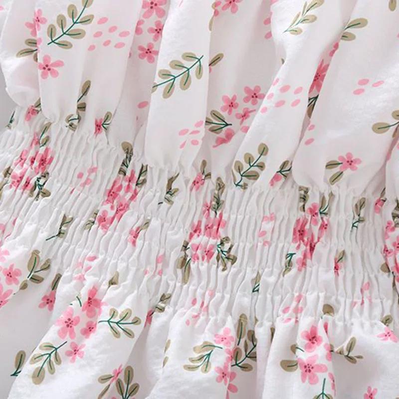 Secret Jam Sweet Broken Flower Slash Neck Women Blouse Agaric Edge Pleat Design Slim Elastic Waist Cropped Top Cute Chiffon T-shirt Summer