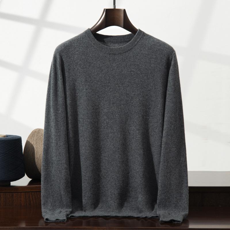 2025 new cashmere shirt men's round neck solid color pullover sweater with knitting inside