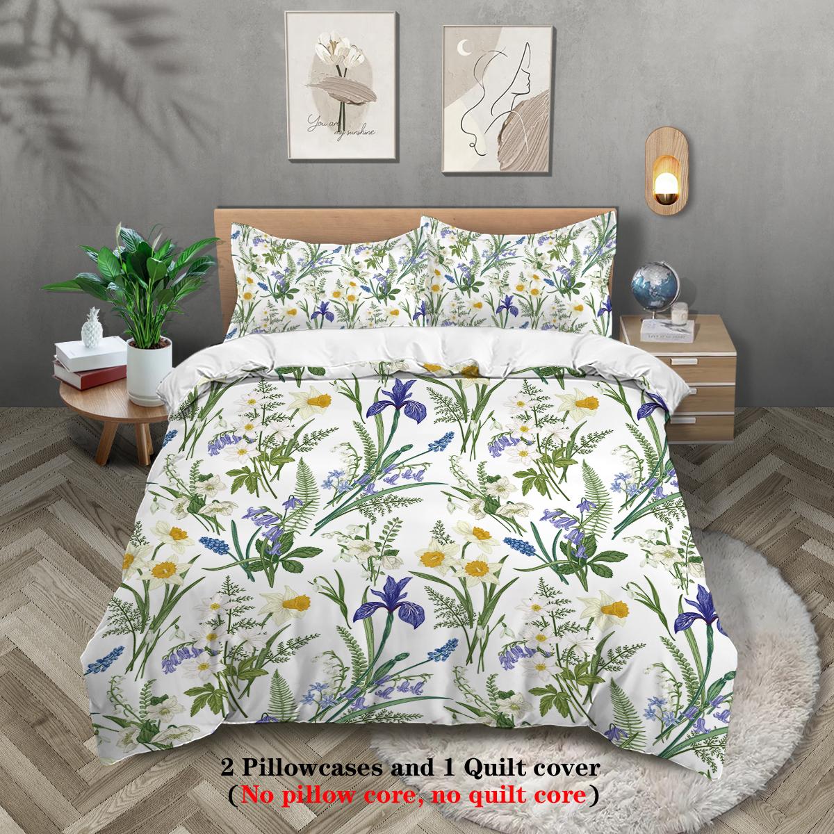 

3pcs plants pattern printed bedding set,soft and comfortable, 1*duvet cover+2*pillowcase, suitable for women and adult s bedroom 135x200cm-EU-Single