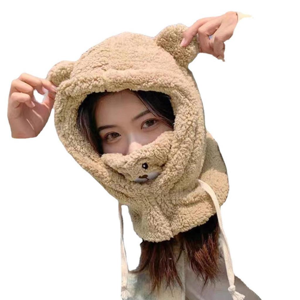 Bear hat and scarf combo for women, thickened and warm for winter, Korean style, versatile, winter cycling mask, ear protection, aviator hat