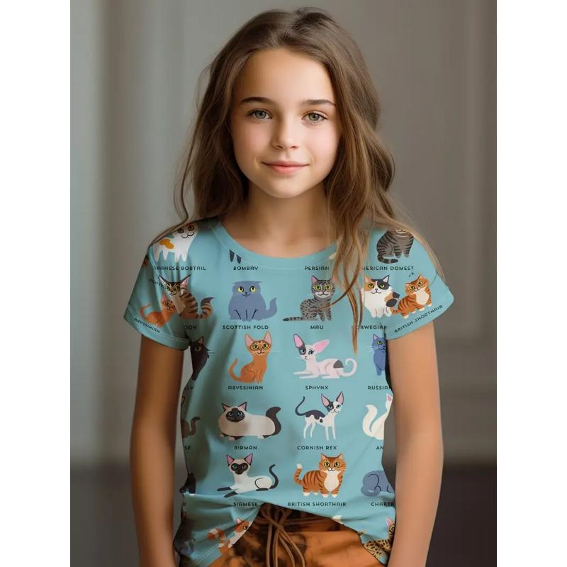 Buntes Katzenmädchen T-Shirt Niedliche Muster Sommer Kurzarm 3D Druck Mädchen Oberteil Mode Lässig Streetwear Kinderkleidung