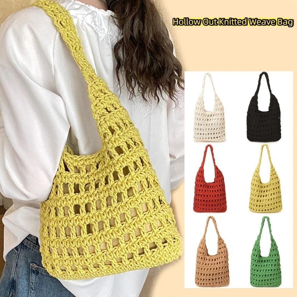 Sweet Korean Style Hollow Out Knitted Weave Bag Solid Color Vacation Style Crochet Tote Bag Handbag Braided Beach Bag Outdoor