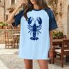 Women Casual Denim Patchwork Short Sleeve T Shirt Summer Spring Fashion Comfortable Loose Fit Crew Neck Top with Lobster Print