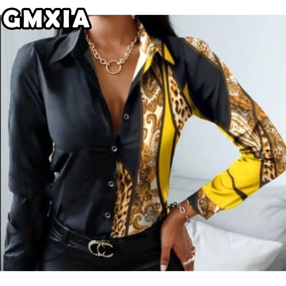 GMXIA Damenmode Lässig Freizeit Einfarbig Druck Langarm POLO Kragen Blusen & Hemden