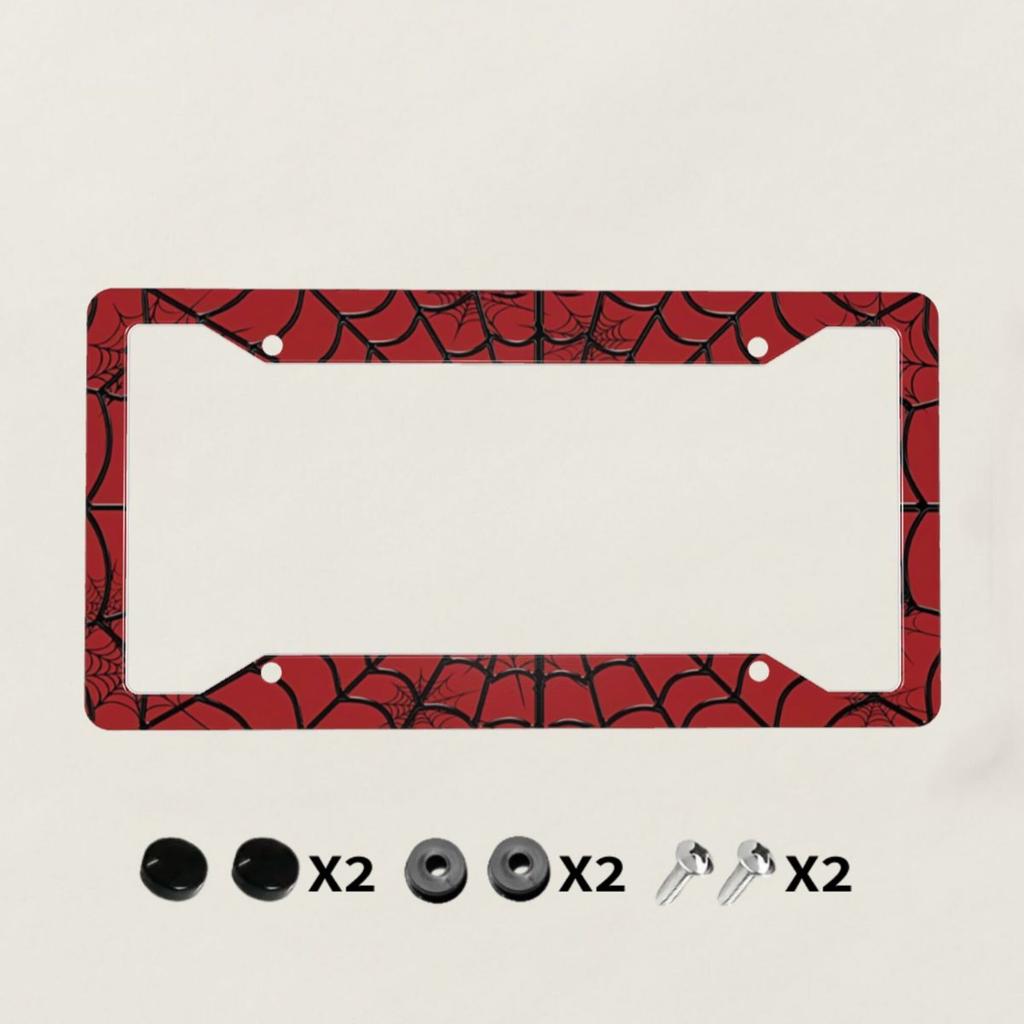 1pc Aluminum Decorative Fun License Plate Frame,Spider Web Decorative,Black,Red,For Decorative,Personality and Creatively Design License Plate Covers