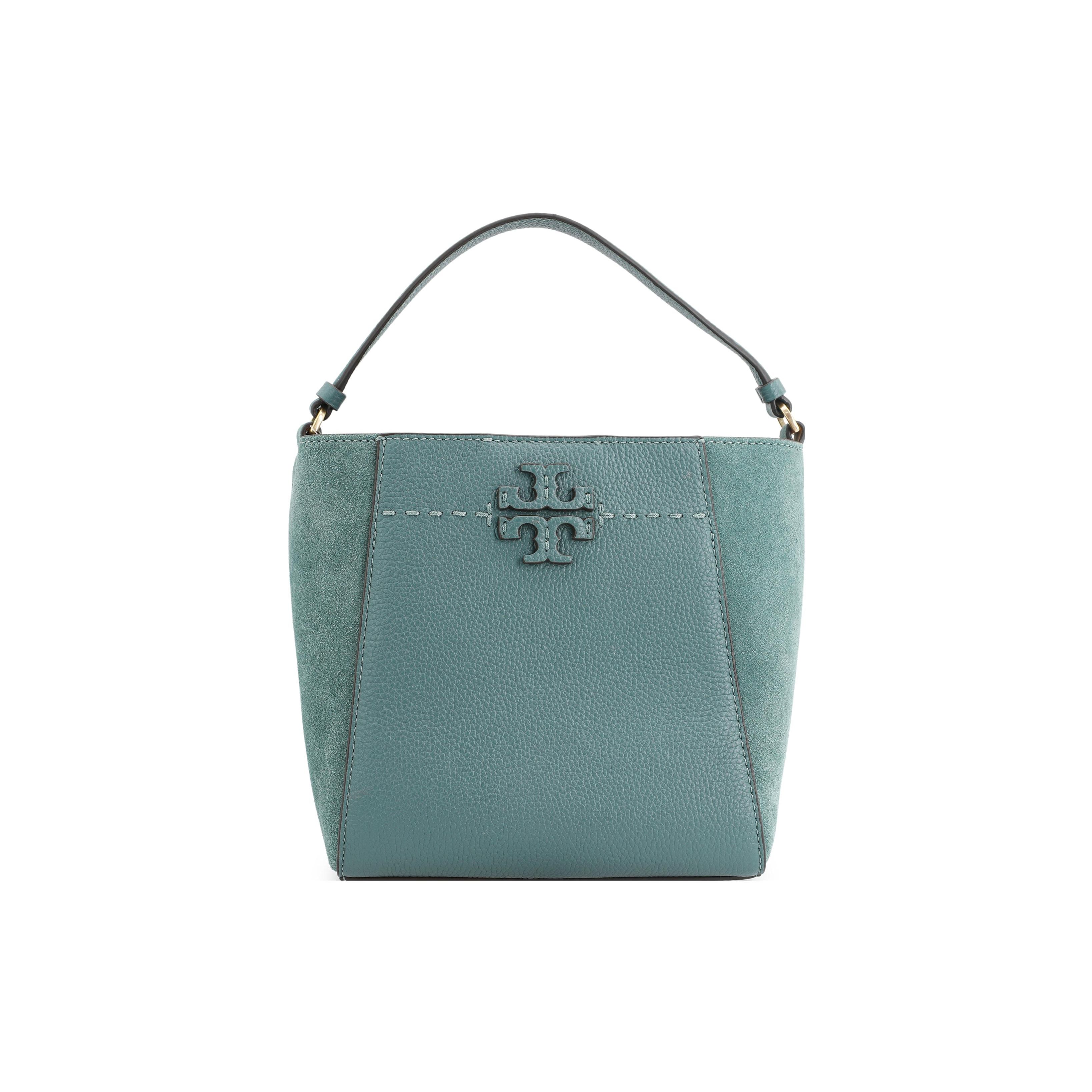 

Tory Burch Mcgraw Double T Logo Pebbled Leather Bucket Bag Women Handbags Aurora-Blue 88219-317 Basic Set (Bag+Dust Bag)