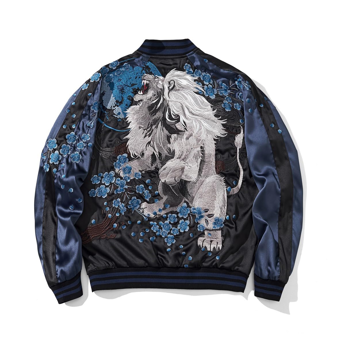 

East Rain Sukajan Lion Japanese Satin Flight Bomber FUN226 Jacket, Black, Autumn/Winter, Pattern, Embroidered, Satin, Shiny, Reversible, Sukajan,