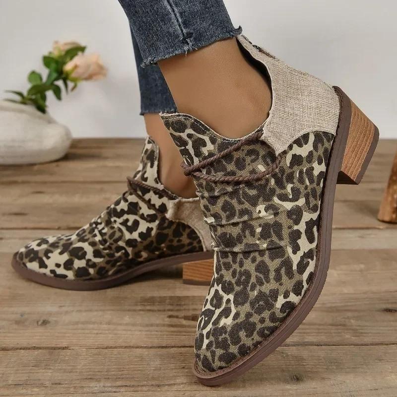 Western Boots for Women Autumn Retro Leopard Print Women's Boots Comfortable Low Heel Large Size Ladies Shoes