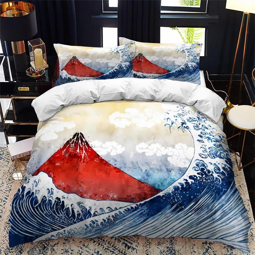 Dynetrekk i japansk stil King Queen Full størrelse Ukiyo-e-tema bølgemønster polyester sengetøysett Fuji Mountain Exotic Style
