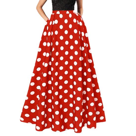 Women Maxi Skirt High Waist Color Matching Dot Print Retro A-line Big Hem Side Pockets Loose Full Length Soft Elastic Waist Lady Prom Party Long Skirt