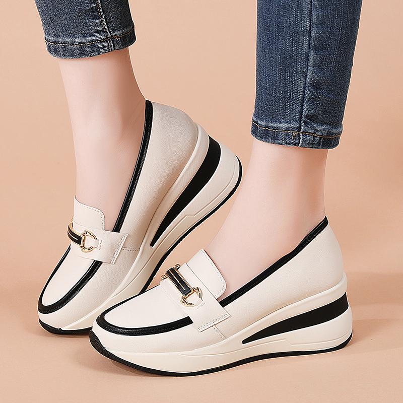 Women's Loafers Height Increase Leather Platform Casual Thick Sole Elevator Shake Shoes