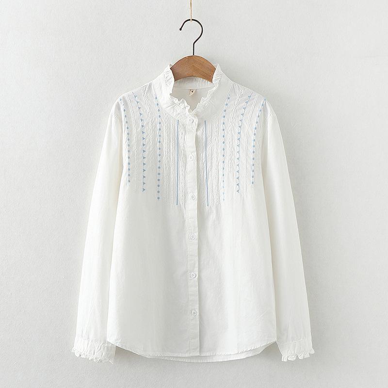 Women s Embroidered Cotton Linen Long Sleeve Shirt - Literary Wood Ear Collar, Versatile Base (Spring 2026) Large