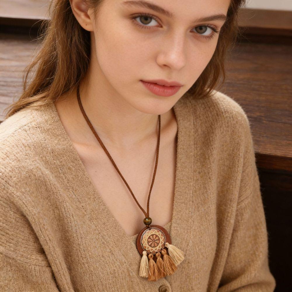 Elegante Boho Lange Halskette Damen Mode Brauner Anhänger Halsketten Retro Pullover Kette Schmuck