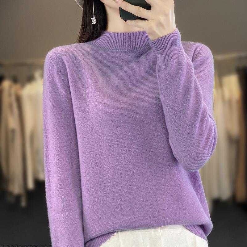 24 Early Autumn Seamless Knit Pullover Sweater with Long Sleeves and Half High Neck