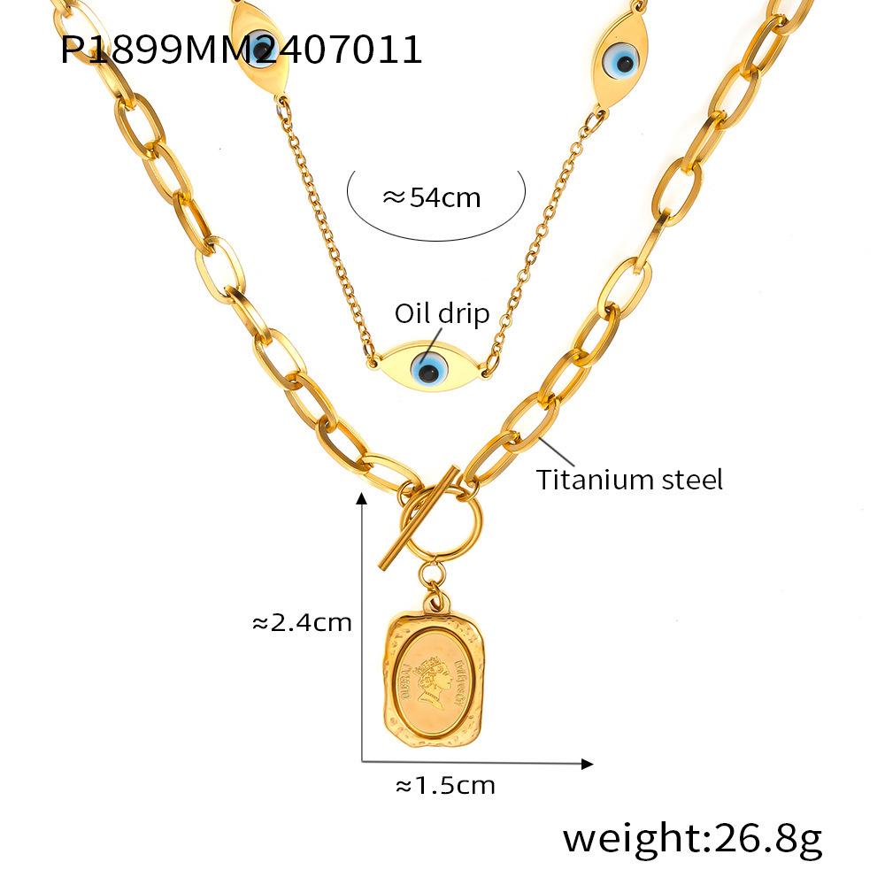 18K Gold-Plated Titanium Steel Eye of the Devil Portrait Square Pendant Double Layer Necklace for Women