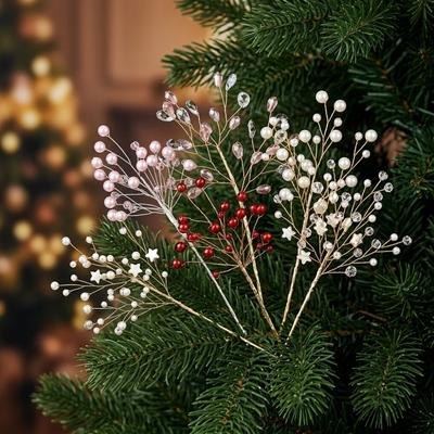 Glitter Pearl Crystal Christmas Pick Realistic Bead String Vine Crystal Bead Christmas Sprig Handmade Handcrafted