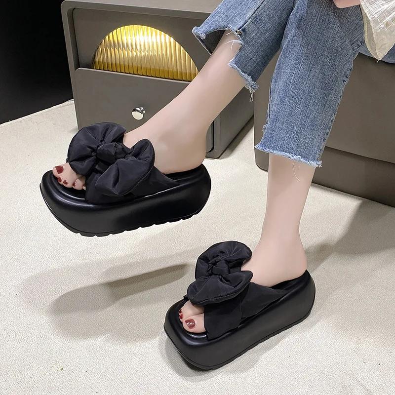 Kawaii Platform Sandals Women Summer Thick Bottom Shoes 7CM Wedges Heels Casual Sandals Comfortable Black Bowknot Slippers