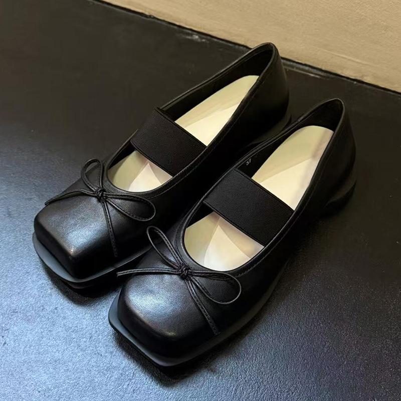 Fashion Retro Shallow Square Toe Ballet Shoes Women Bow New One Word Belt Round Thick Heel Mary Jane 2025 Slip On Black Casual Shoes