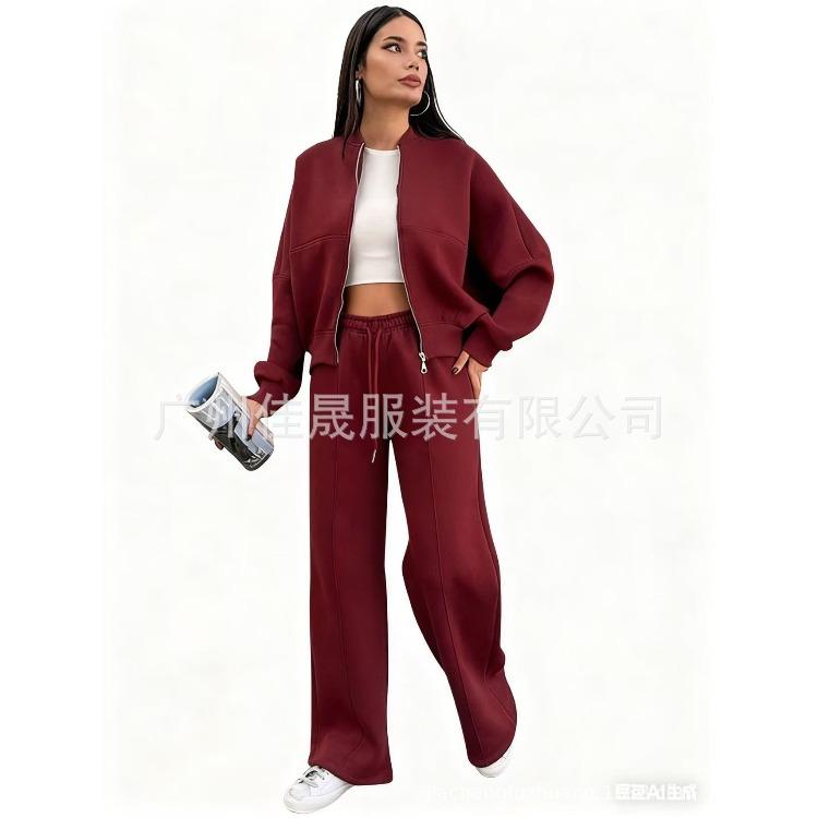 Women Casual Sporty Tracksuit Set Short Sleeve Zip Up Jacket High Waist Wide Leg Pants Loungewear