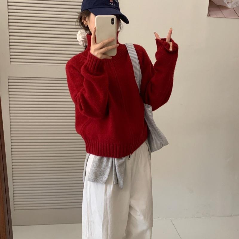 Lazy wind solid color double zipper lapel neck sweater jacket women's autumn new loose simple stand-up neck knitted cardigan thick