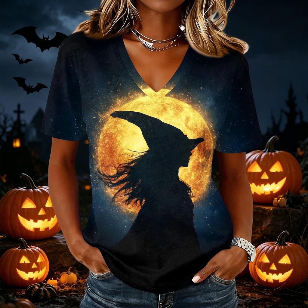 Women's Casual Short Sleeve Halloween Print V Neck Pullover Top Comfortable Lightweight Fabric Relaxed Fit