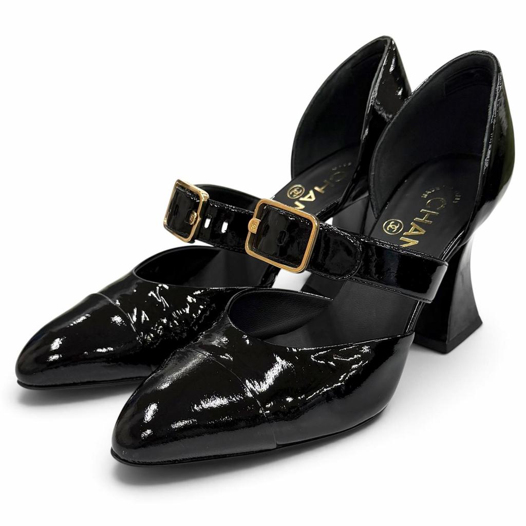 Great CHANEL Pumps Black Patent Leather Women 36.5 G39048 Used