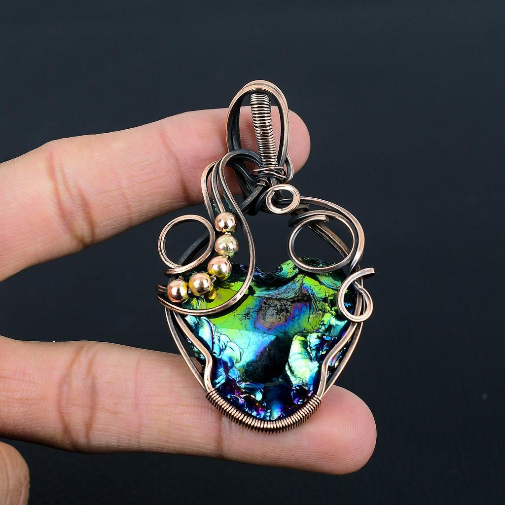 Peacock Aura Druzy Gemstone Handmade Pure Copper Wire Wrap Jewelry Pendant For Women