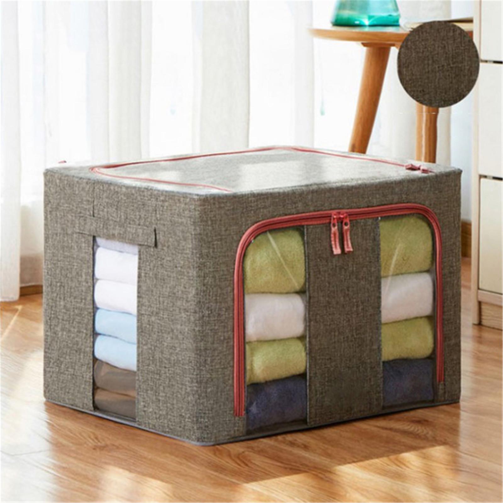 

22L Fabric Storage Box with Linen Material Foldable Clothes Organizer Container with Transparent Window and Zipper Closure for Home Storage