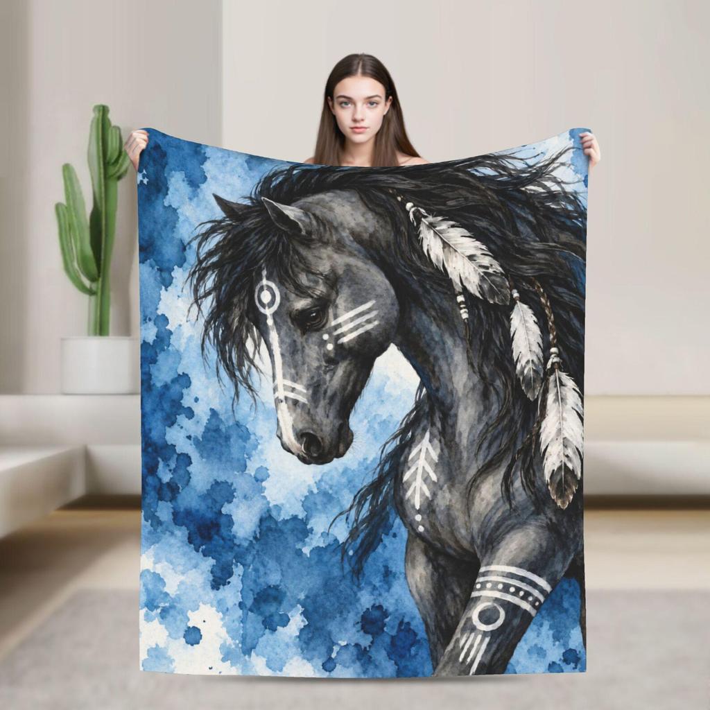 Tribal Watercolor Horse Throw Blanket, Soft Flannel Equestrian Decor