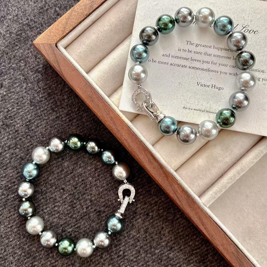 Vintage High Quality Tahitian Black Gray Malachite Green Artificial Crystal Pearl Bracelet Bracelet.
