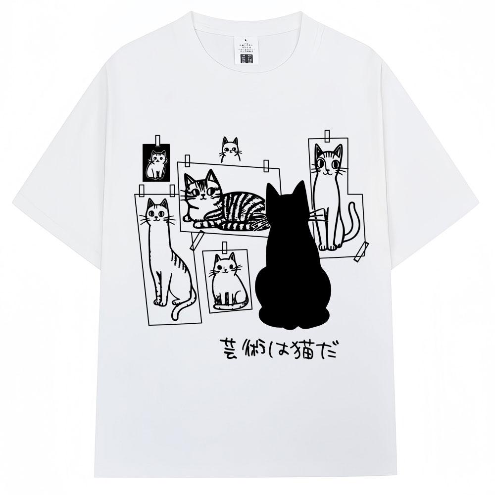 

Японская Забавная Черная Кошка Аниме Принт Футболка Мужская Женская Мода Винтаж Харадзюку Футболки Оверсайз Хлопок Повседневные Футболки S белый