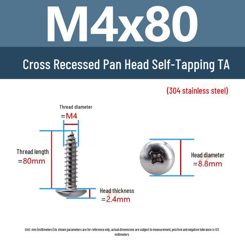 304 Stainless Steel Large Flat Head Self-Tapping Screws, TA Umbrella Head, Pointed Tail, M2-