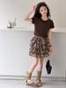 2026 Girls' Leopard Print Two-Piece Set: Short-Sleeved Top & Pleated Skirt