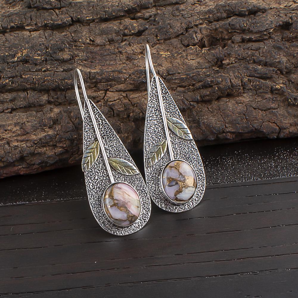 

Pink Opal Copper Turquoise Earrings, 925 Solid Sterling Silver Gemstone Jewelry, Handmade Earrings, For Thanksgiving 2.00 Inches сірий
