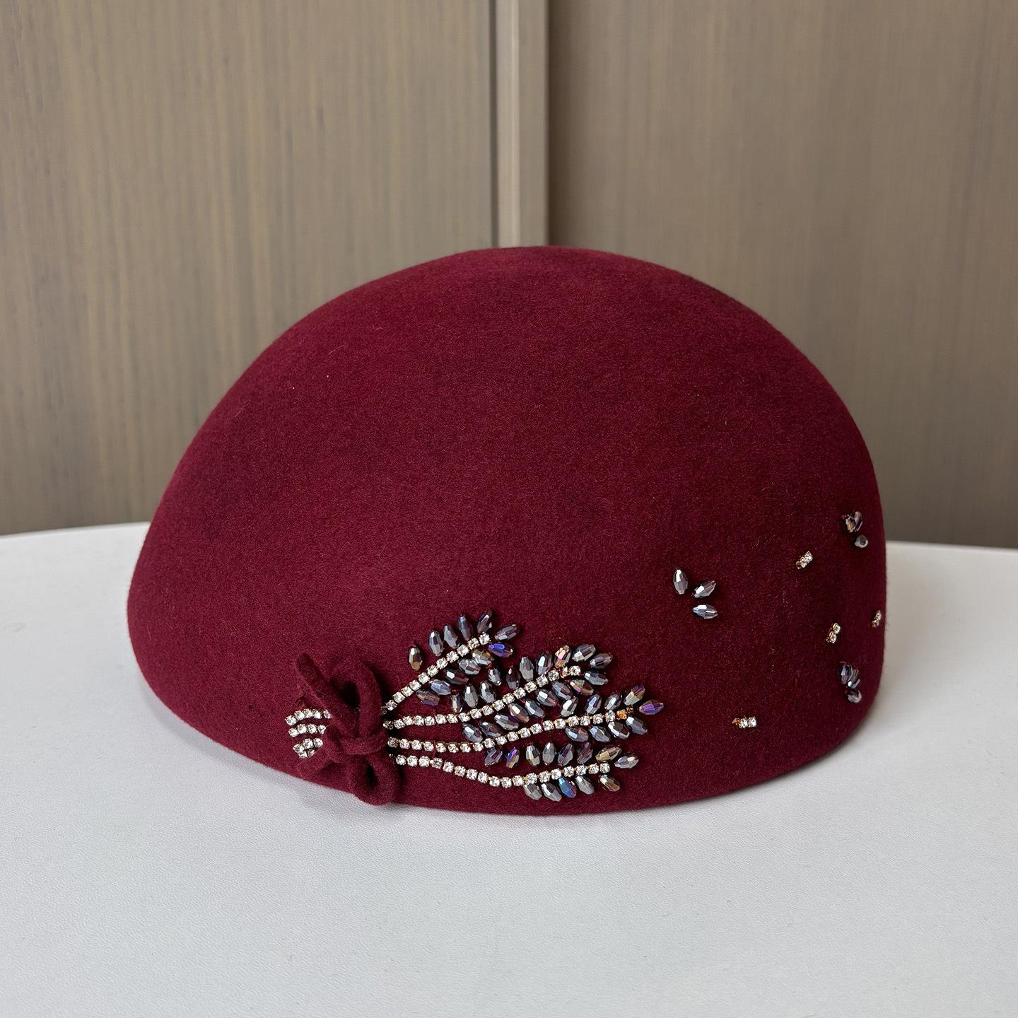 Шляпа Женская Осень и Зима Ручной работы Алмазный Шерстяной Берет Британский Ретро Тыквенная Шляпа Элегантная Легкая Роскошь Цилиндр Adjustable бордовый