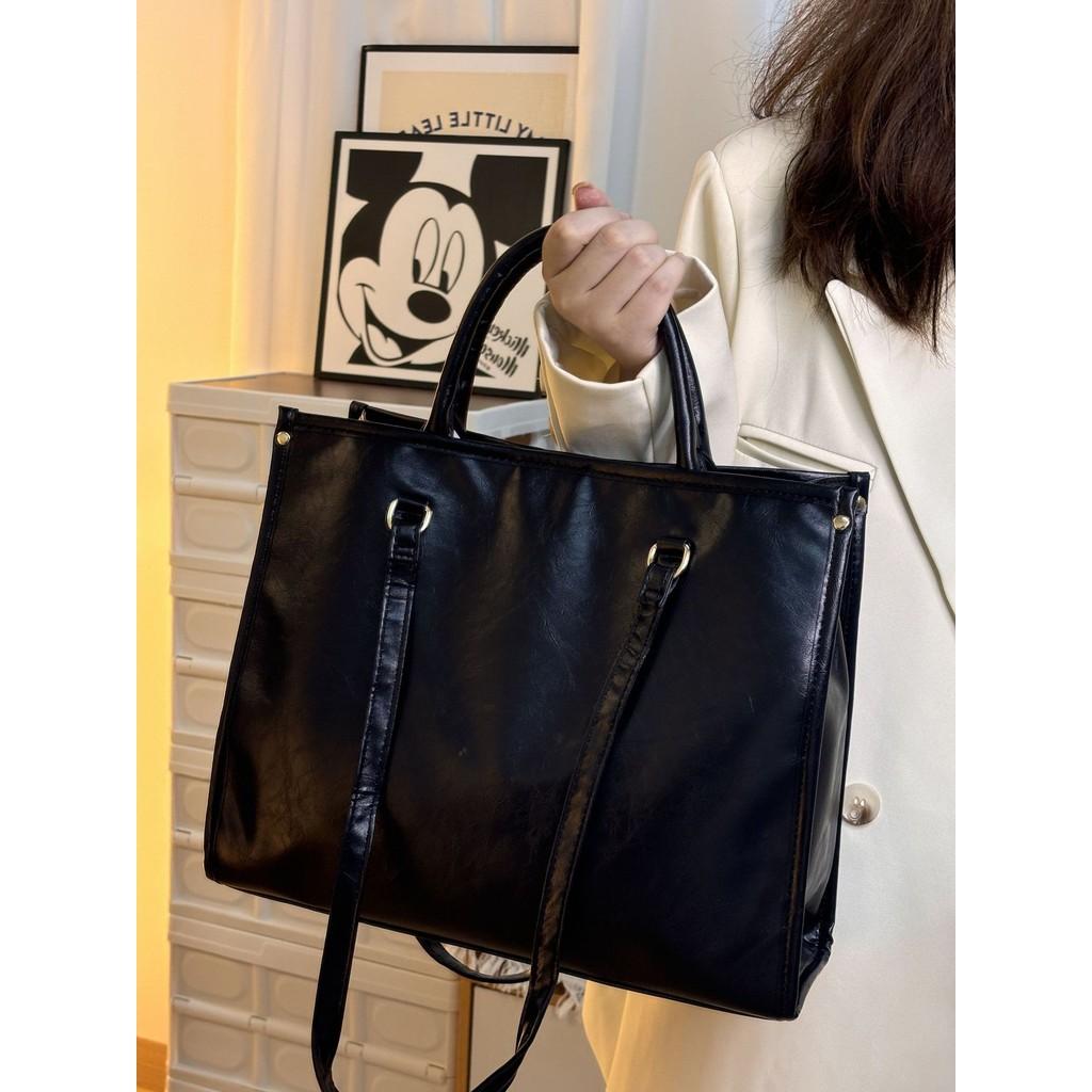 Ielgy Large-Capacity Portable Shoulder Bag High-End Feeling All-Match Simple Black Commuter Tote Bag