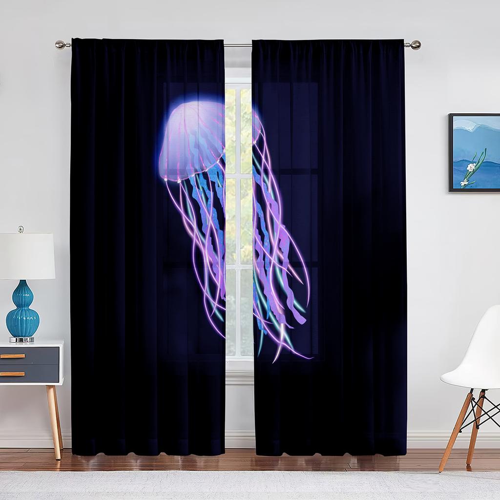Jellyfish In The Deep Ocean Window Tulle Curtains Foamy Dreamy Blue Ocean Sheer Voile Curtain for Living Room Bedroom Decoration