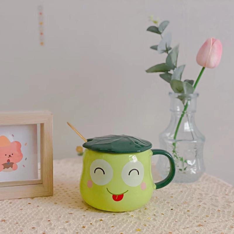 

Керамическая кружка в виде лягушки с крышкой в виде листа лотоса, ложка, креативный мультфильм, детское молоко, чашка для завтрака, чашка для чая, 380 мл 380ml