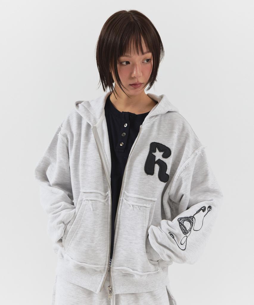 Parakeet Cutoff Applique Zip-Up Hoodie (Melange Gray)