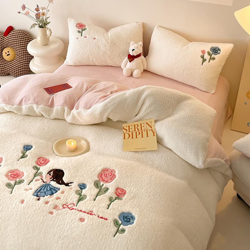 Cartoon Lamb Wool Four-Piece Set Thickened Milk Fleece Quilt Cover Coral Fleece Bedding Fleece Sheets