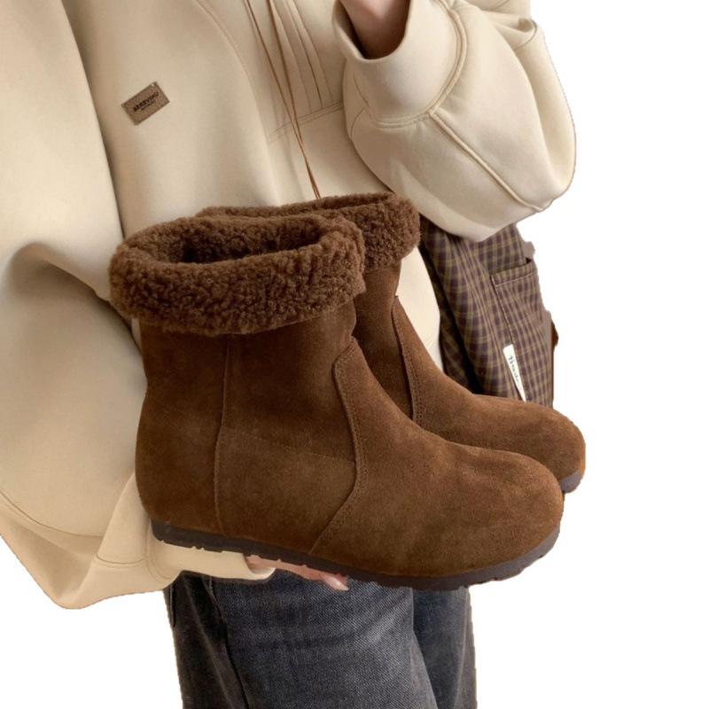 First Layer Cowhide Snow Boots Women's Round Head Flat Bottom Cashmere Blended Medium Boots Retro Matte Leather Sleeve Cotton Shoes