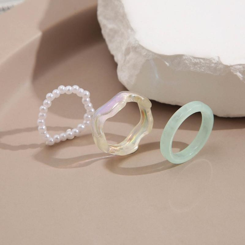 3 Pcs Minimalist Resin Finger Rings Beaded Elastic Stackable Ring Fashion Statement Ring Jewelry for Women Teen Girls