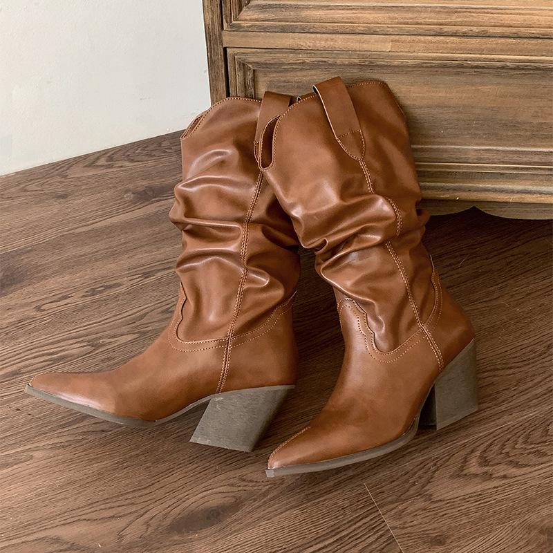 Bottes marron vintage à talon pointu Maillard pour femmes, nouvelles 2025 printemps et automne, style britannique, bottes à poils fins